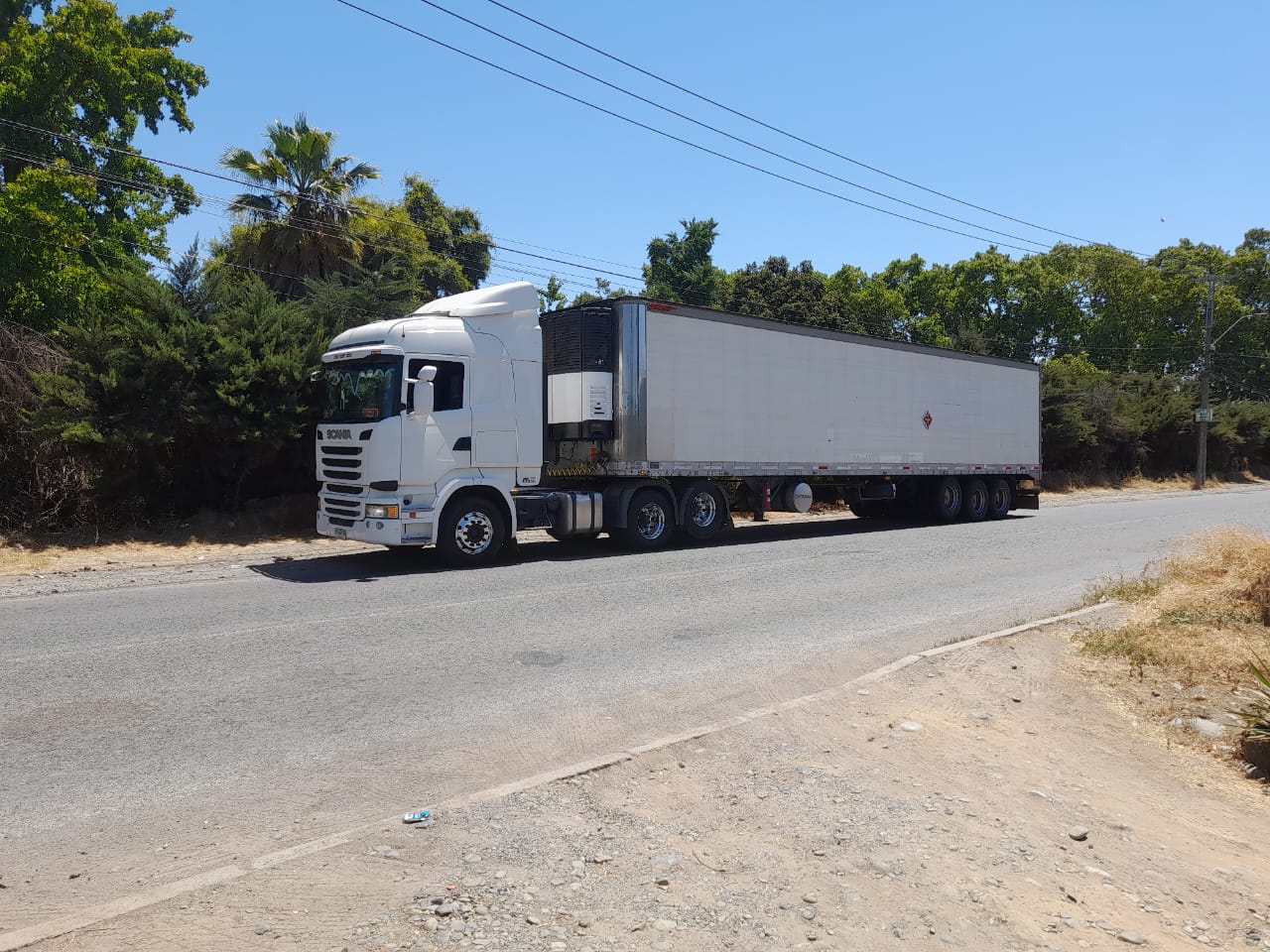 Camión Scania blanco de T Y F Transportes con semirremolque furgón en ruta